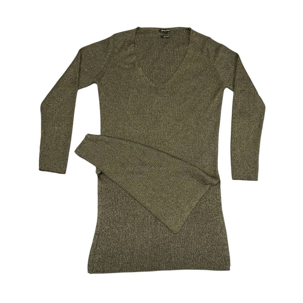 Massimo Dutti Women’s Ribbed Knit Sweater Tunic Olive Green V-Neck Italian Yarn